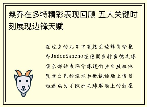 桑乔在多特精彩表现回顾 五大关键时刻展现边锋天赋