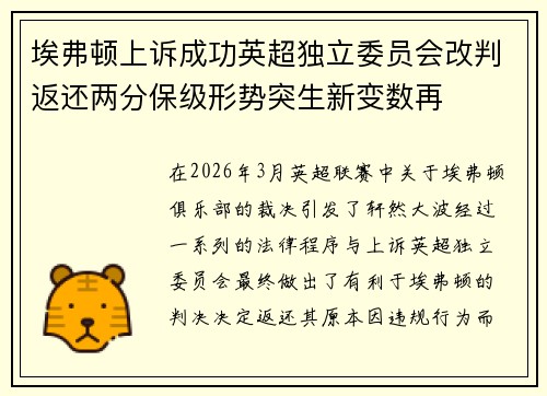 埃弗顿上诉成功英超独立委员会改判返还两分保级形势突生新变数再 埃弗顿上诉成功英超独立委员会改判返还两分保级形势突生新变数再